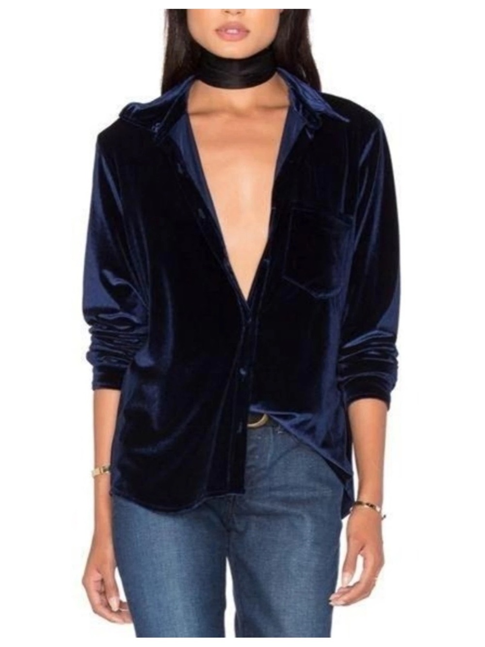 LPA women’s Velvet Button-Down oversized Shirt in Navy oversized, size XS